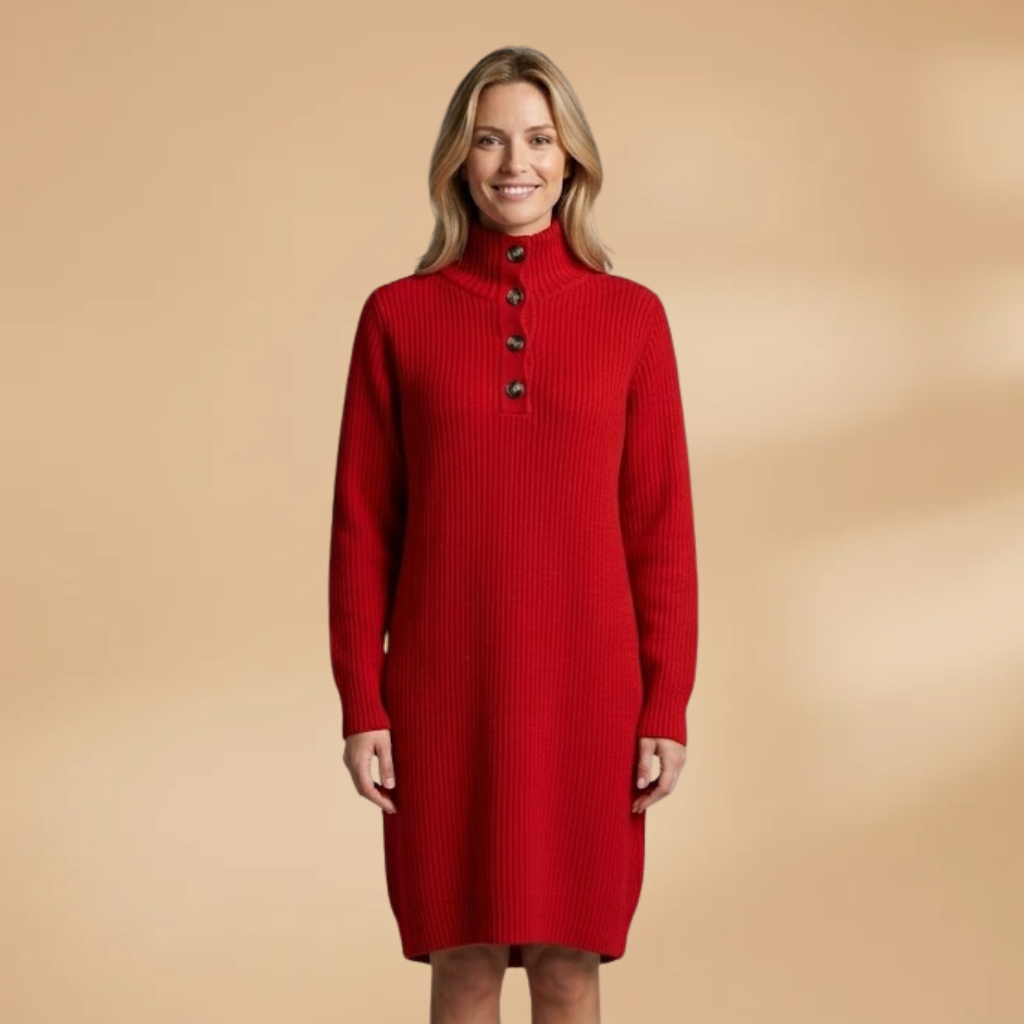 Midi Dress with Button Collar and Straight Cut for Women