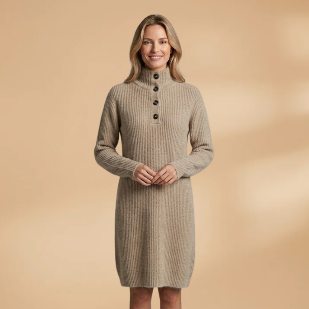 Midi Dress with Button Collar and Straight Cut for Women