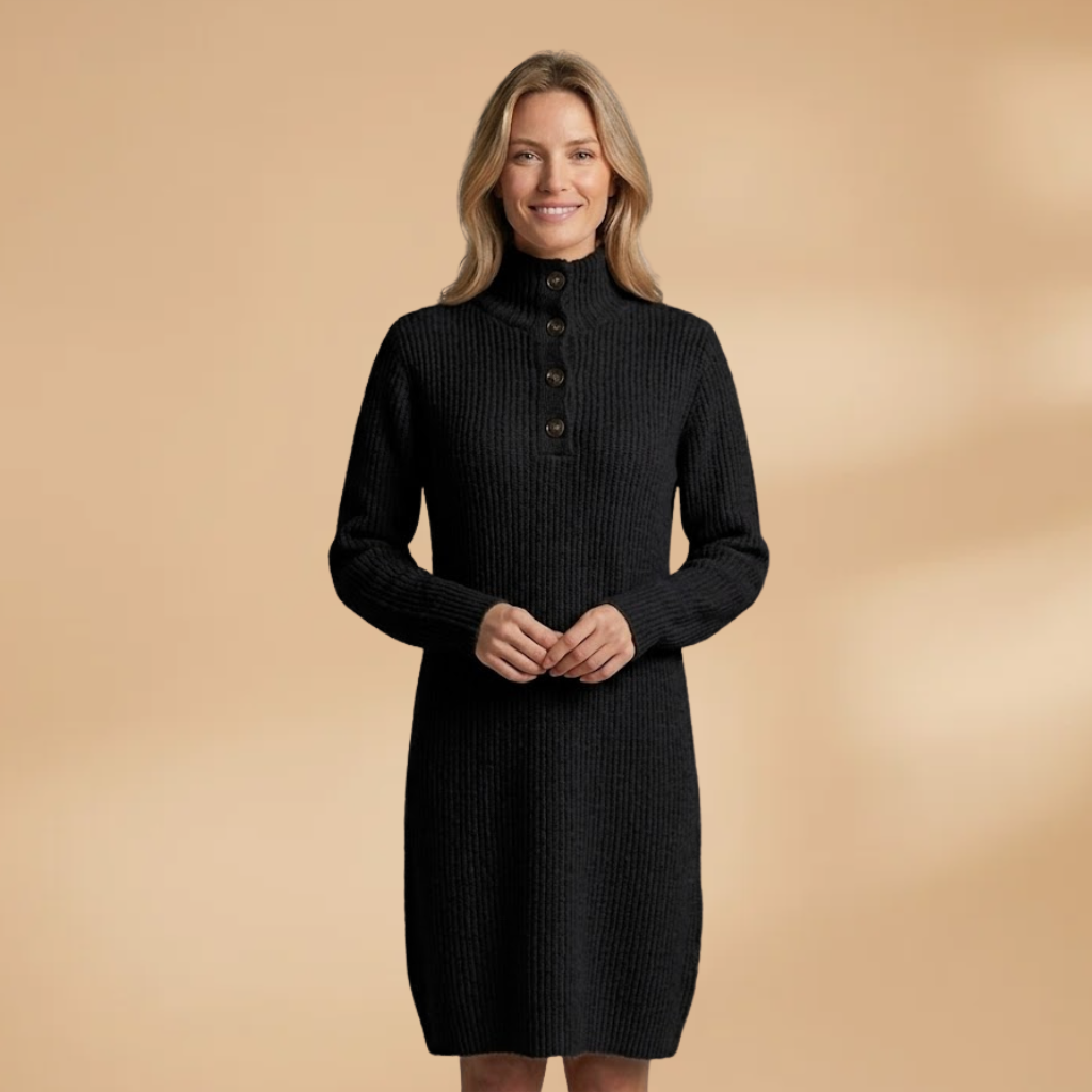 Midi Dress with Button Collar and Straight Cut for Women