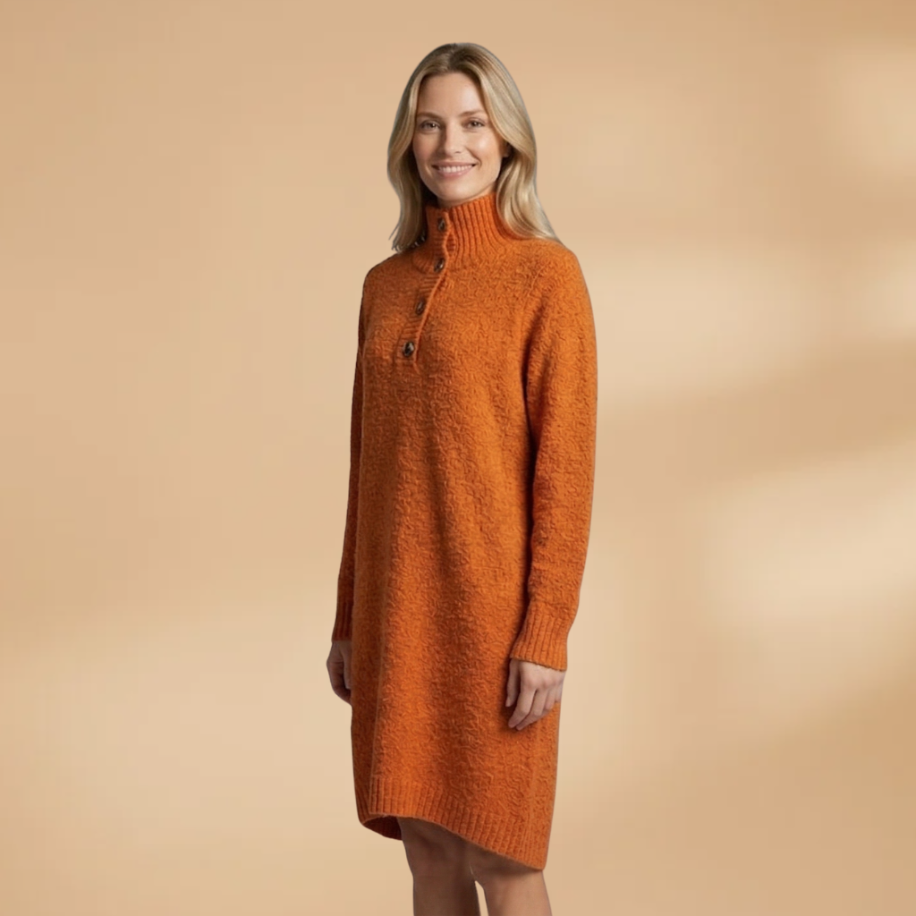 Midi Dress with Button Collar and Straight Cut for Women