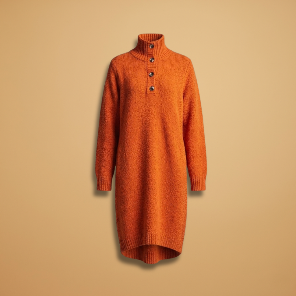 Midi Dress with Button Collar and Straight Cut for Women