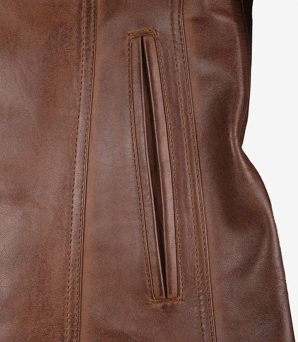 Women's Cognac Two-Button Leather Blazer with Notch Lapel