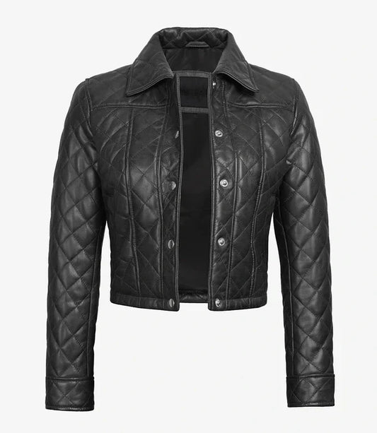 Women's Black Diamond-Quilted Cropped Leather Jacket