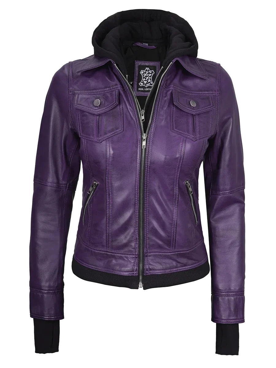 Women's Purple Leather Jacket with Detachable Hood