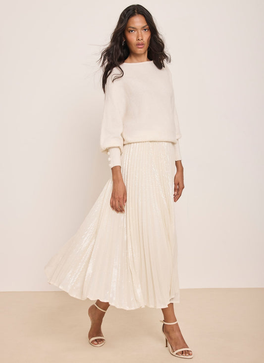 Cream Pleated Sequin Midi Skirt
