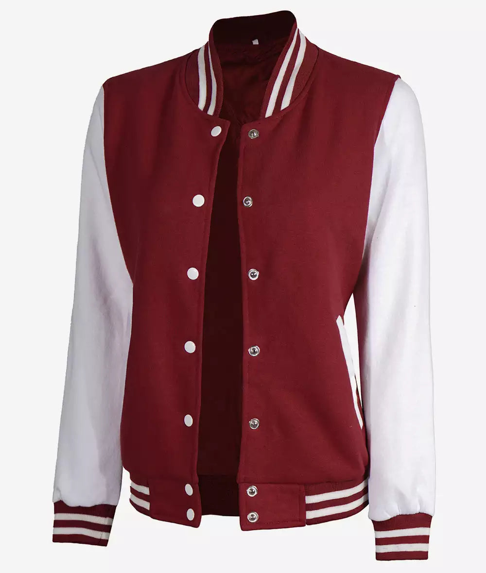 Women's Maroon Varsity Baseball Jacket with White Sleeves