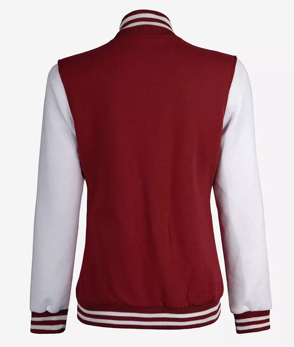Women's Maroon Varsity Baseball Jacket with White Sleeves