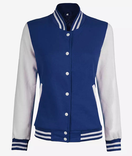 Women’s White and Royal Blue Varsity Baseball Bomber Jacket