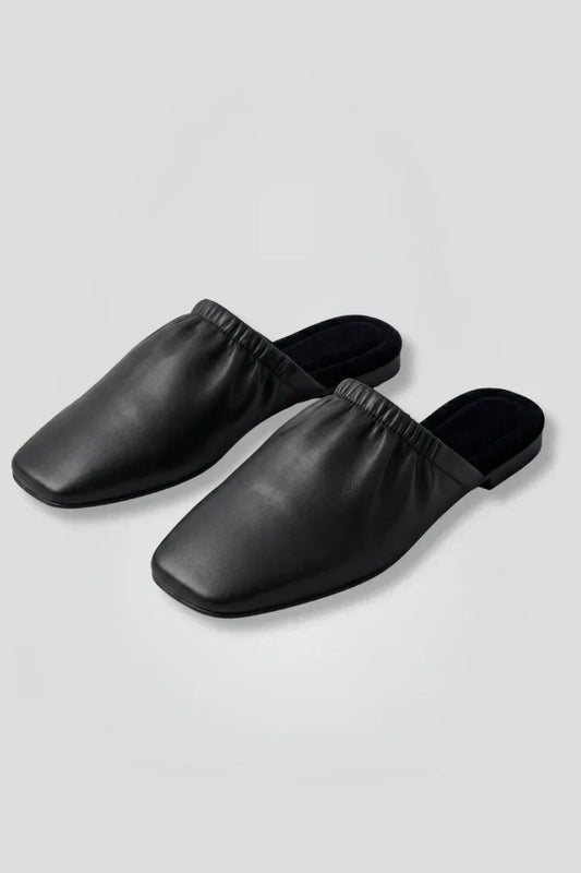 Mules Shoes For Women | Square Toe Black Leather Slip-On