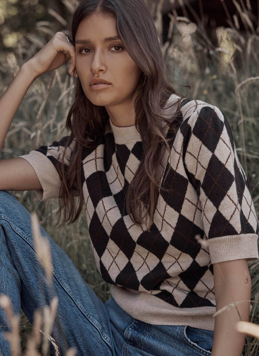 Neutral Argyle Knit Top in Cotton Blend