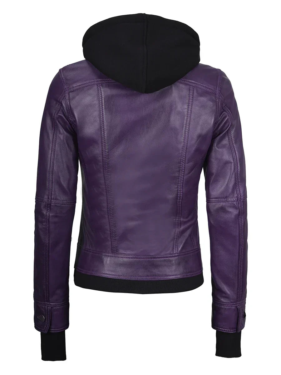 Women's Purple Leather Jacket with Detachable Hood