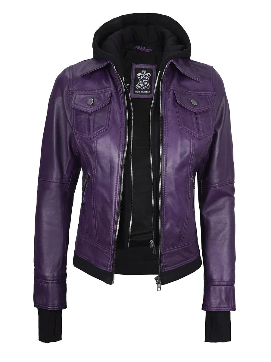 Women's Purple Leather Jacket with Detachable Hood