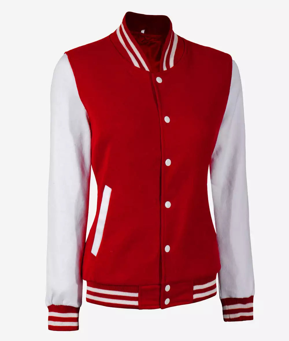 Women’s Red and White Sleeve Letterman Jacket – College Varsity Bomber