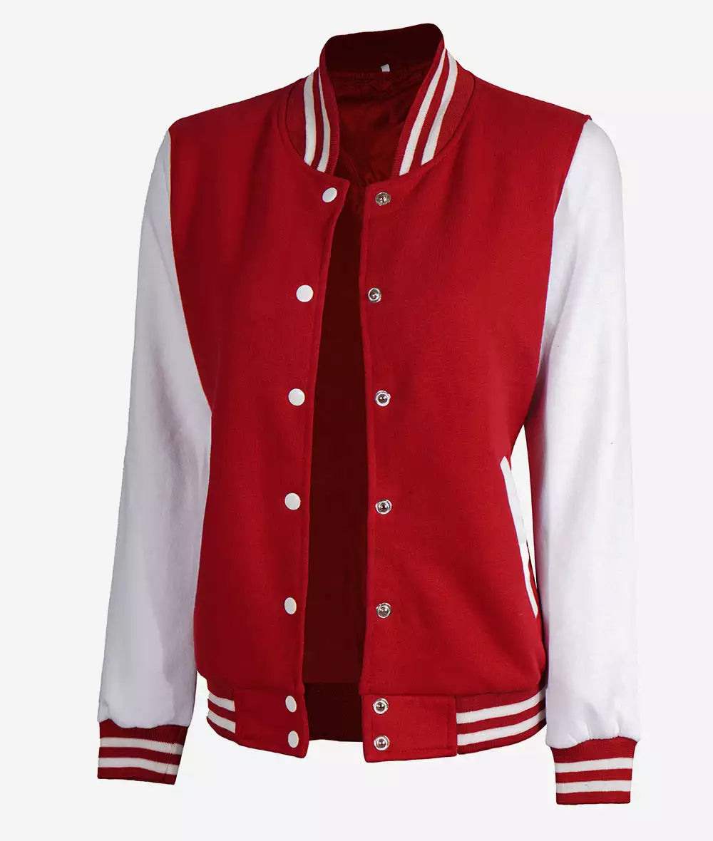 Women’s Red and White Sleeve Letterman Jacket – College Varsity Bomber