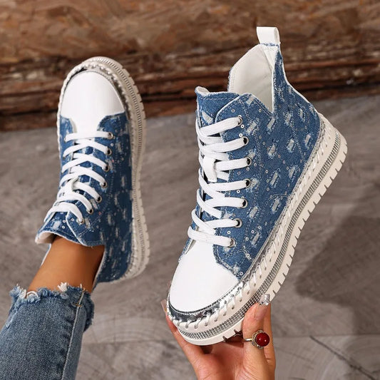 Sneakers For Women | Embellished Denim Lace-Up High-Top Chunky Sole