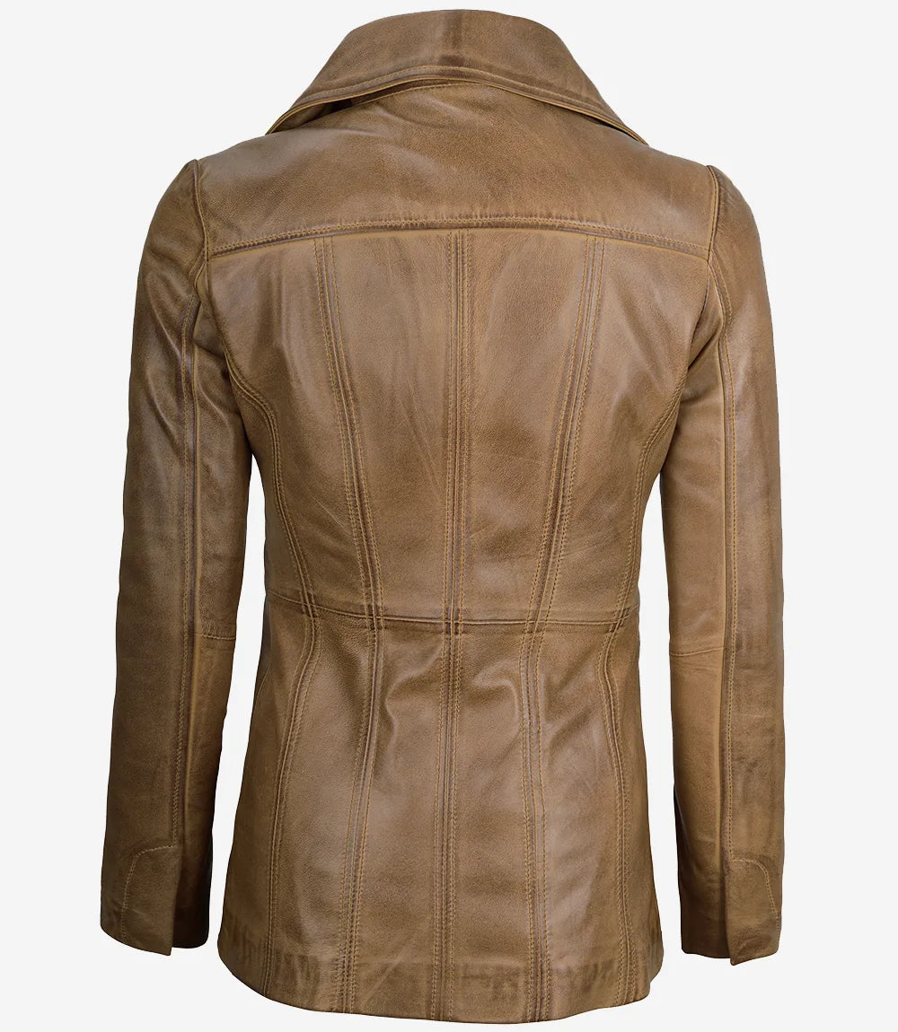 Women's Camel Brown Three-Button Leather Blazer