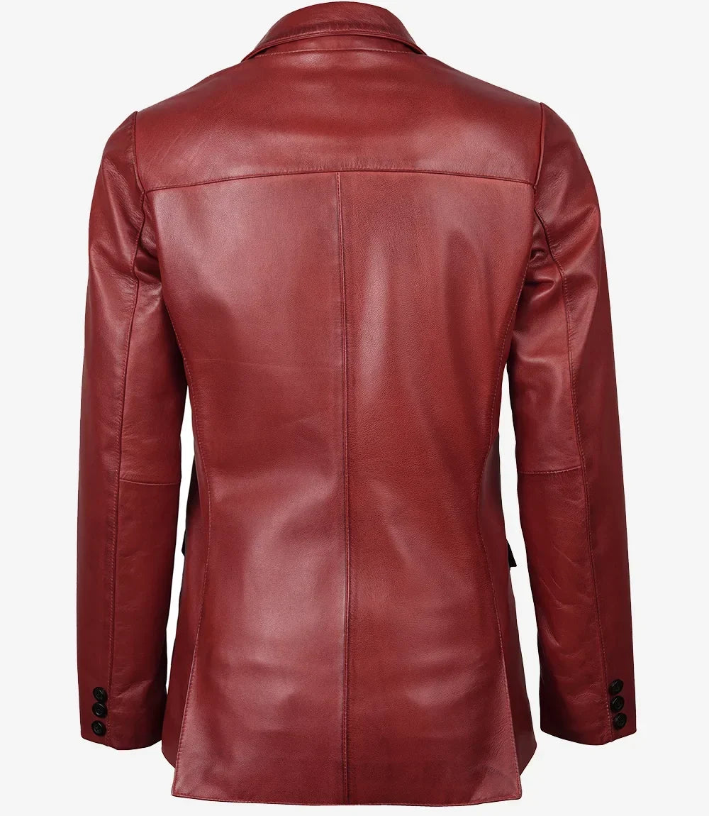 Women's Red Waxed Two-Button Leather Blazer