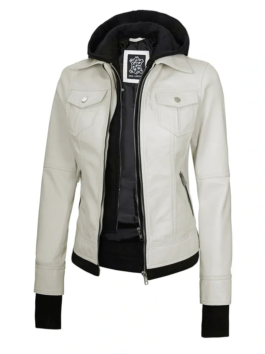 Women's Off-White Leather Biker Style Jacket with Removable Hood