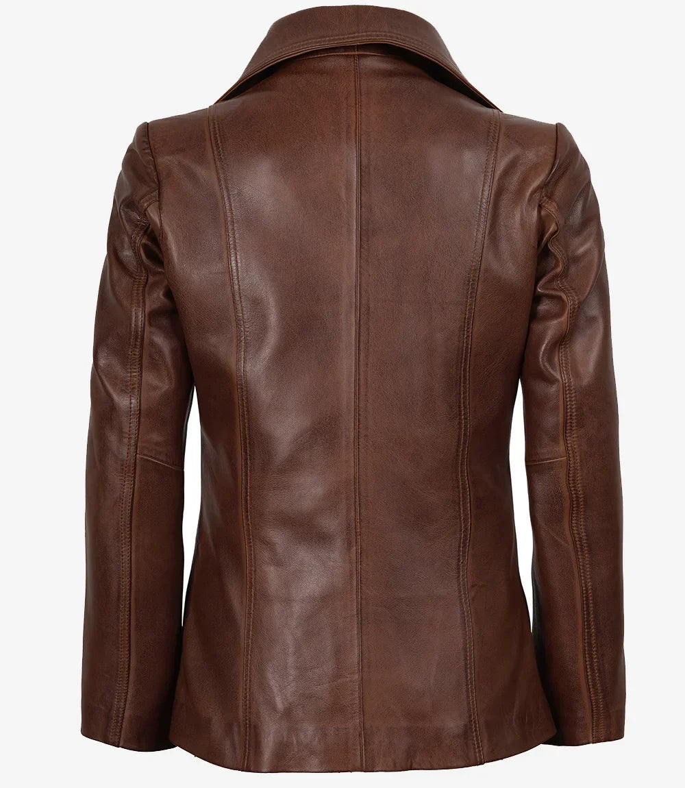 Women's Cognac Two-Button Leather Blazer with Notch Lapel