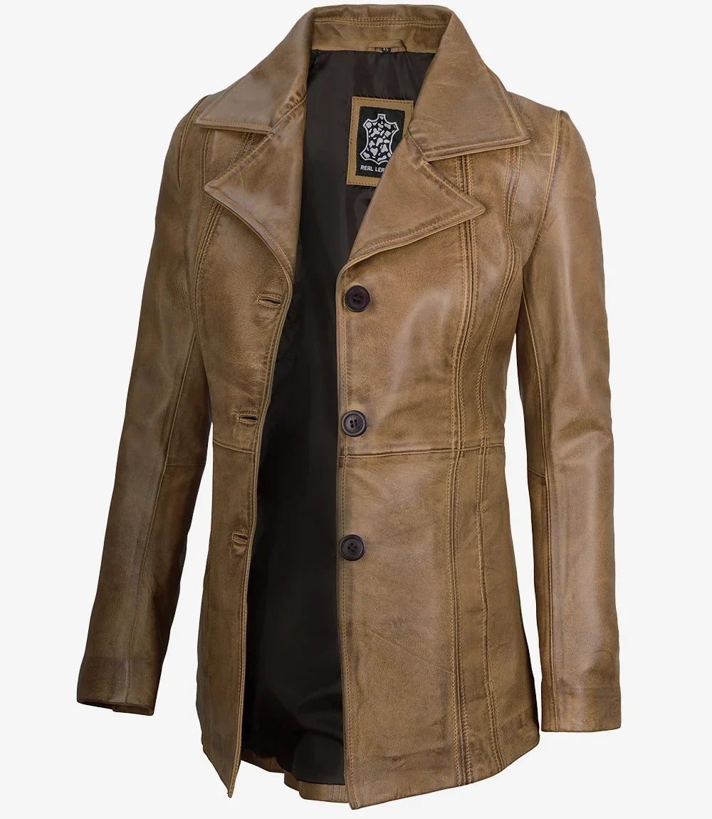 Women's Camel Brown Three-Button Leather Blazer