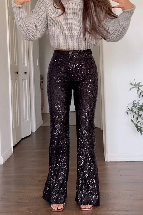 Women's Black Pants | Sequin High Rise Bell Bottom