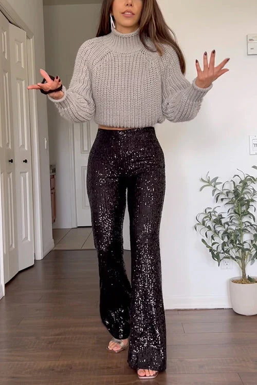 Women's Black Pants | Sequin High Rise Bell Bottom