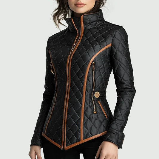 Women's Black Quilted Jacket | Contrast Trim Slim Fit