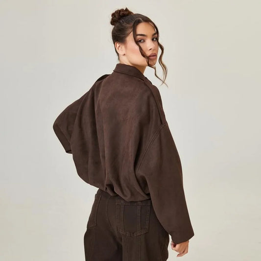 Women's Bomber Jacket | Collared Oversized Faux Suede Zip Front