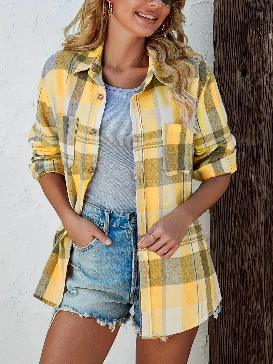 Women's Long Sleeve Shirt | Oversized Plaid Button Front