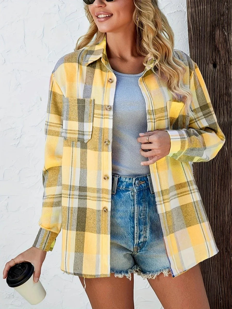 Women's Long Sleeve Shirt | Oversized Plaid Button Front