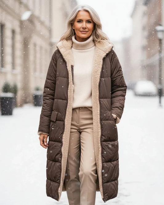 Women's Quilted Coat | Hooded Longline Sherpa Lining