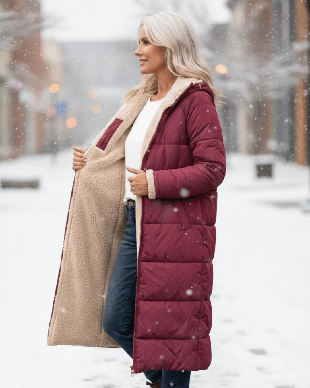 Women's Quilted Coat | Hooded Longline Sherpa Lining
