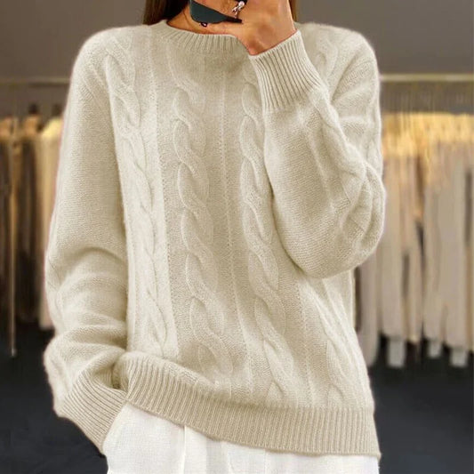 Women's Wool Sweater | Long Sleeve Crewneck Cable Knit