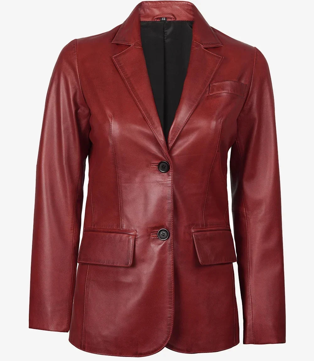 Women's Red Waxed Two-Button Leather Blazer
