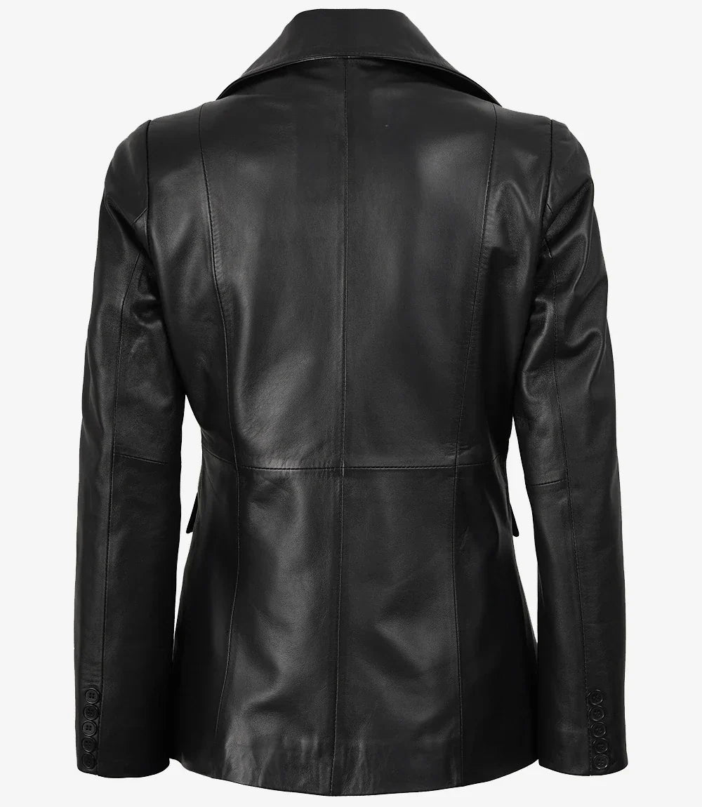Women's Black Single-Button Leather Blazer – Peak Lapel