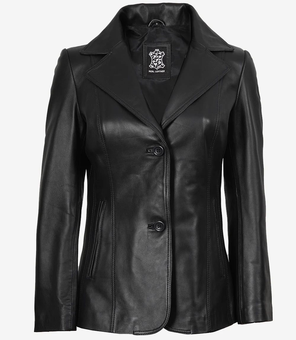 Women's Black Premium Leather Two-Button Blazer