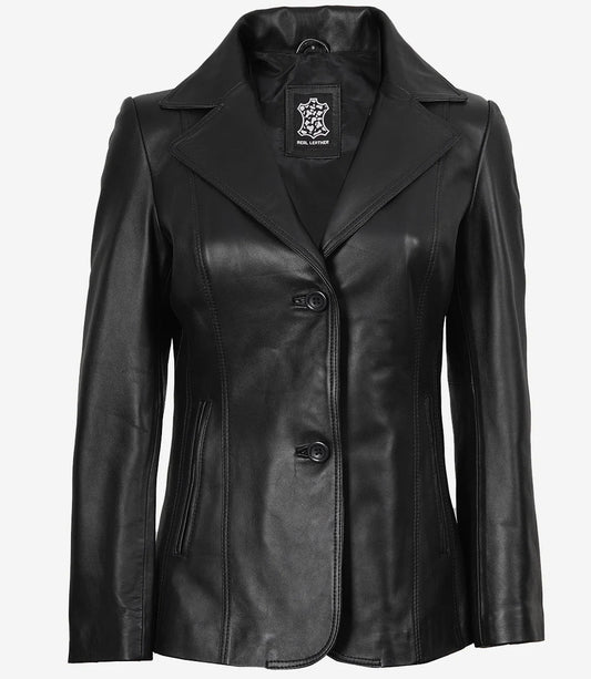 Women's Black Premium Leather Two-Button Blazer