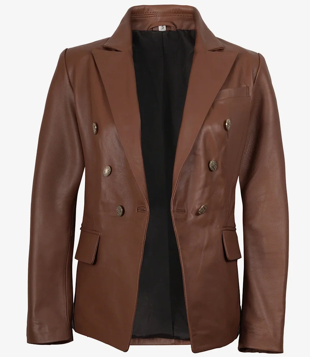 Women's Kim Cognac Double-Breasted Leather Blazer