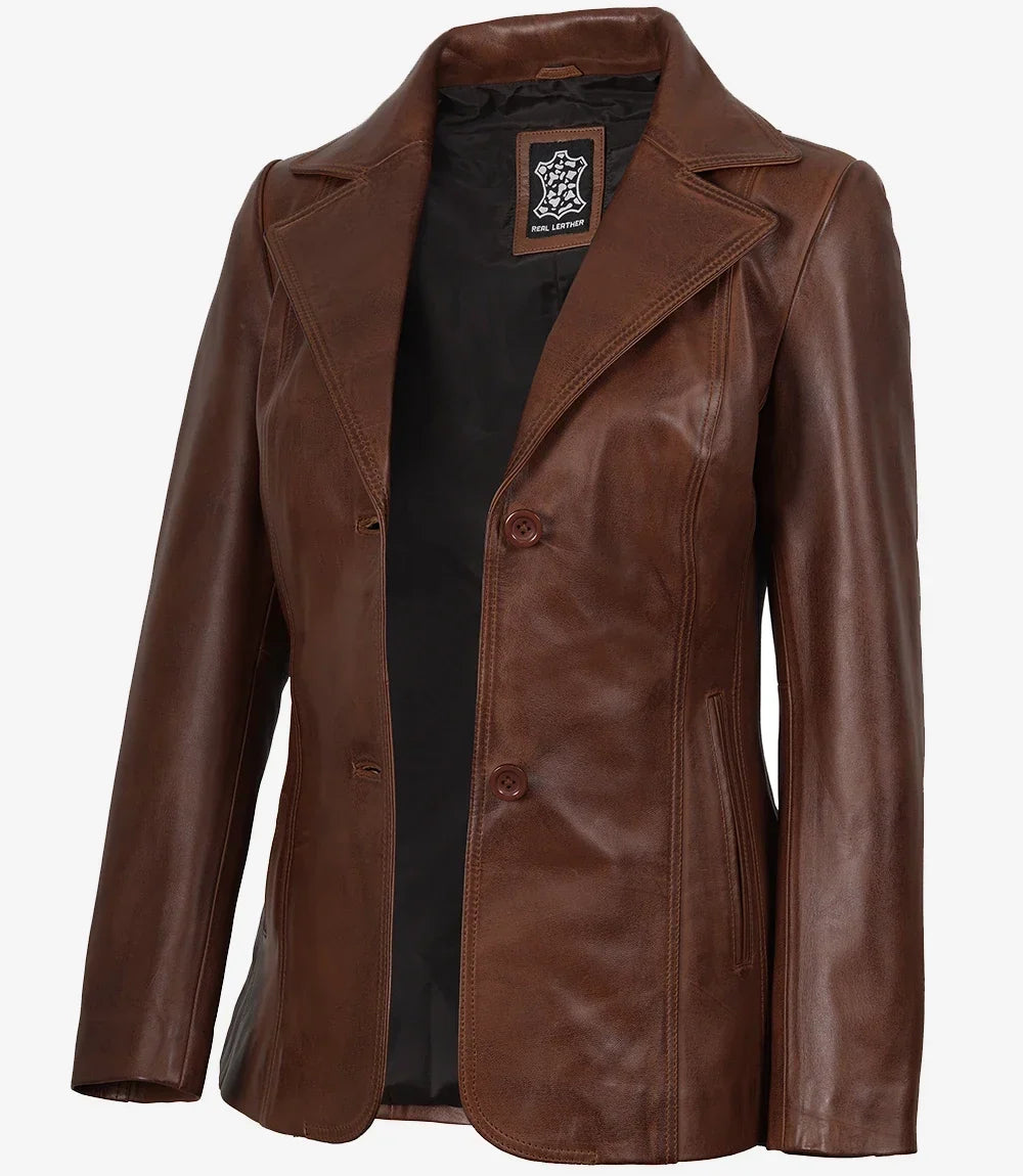 Women's Cognac Two-Button Leather Blazer with Notch Lapel