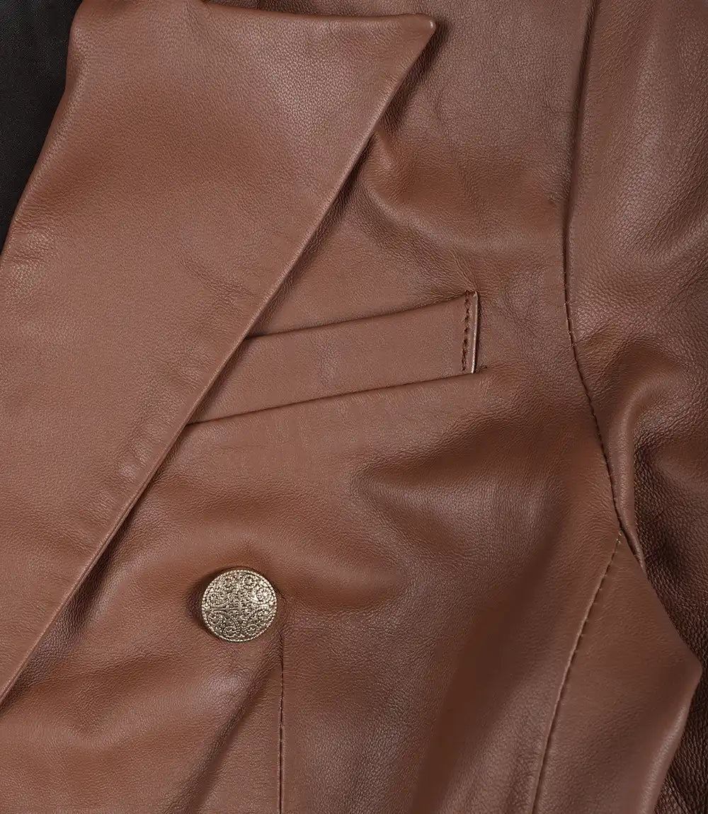 Women's Kim Cognac Double-Breasted Leather Blazer