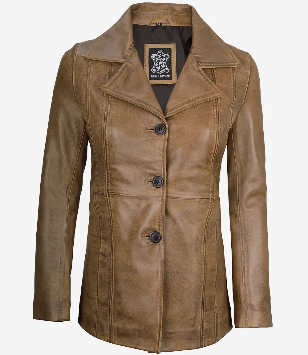 Women's Camel Brown Three-Button Leather Blazer