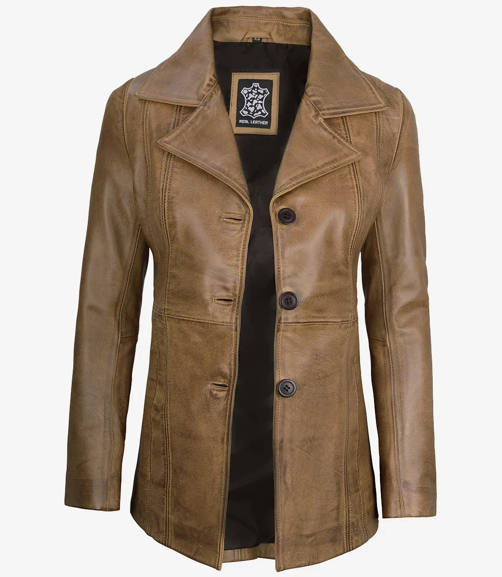 Women's Camel Brown Three-Button Leather Blazer