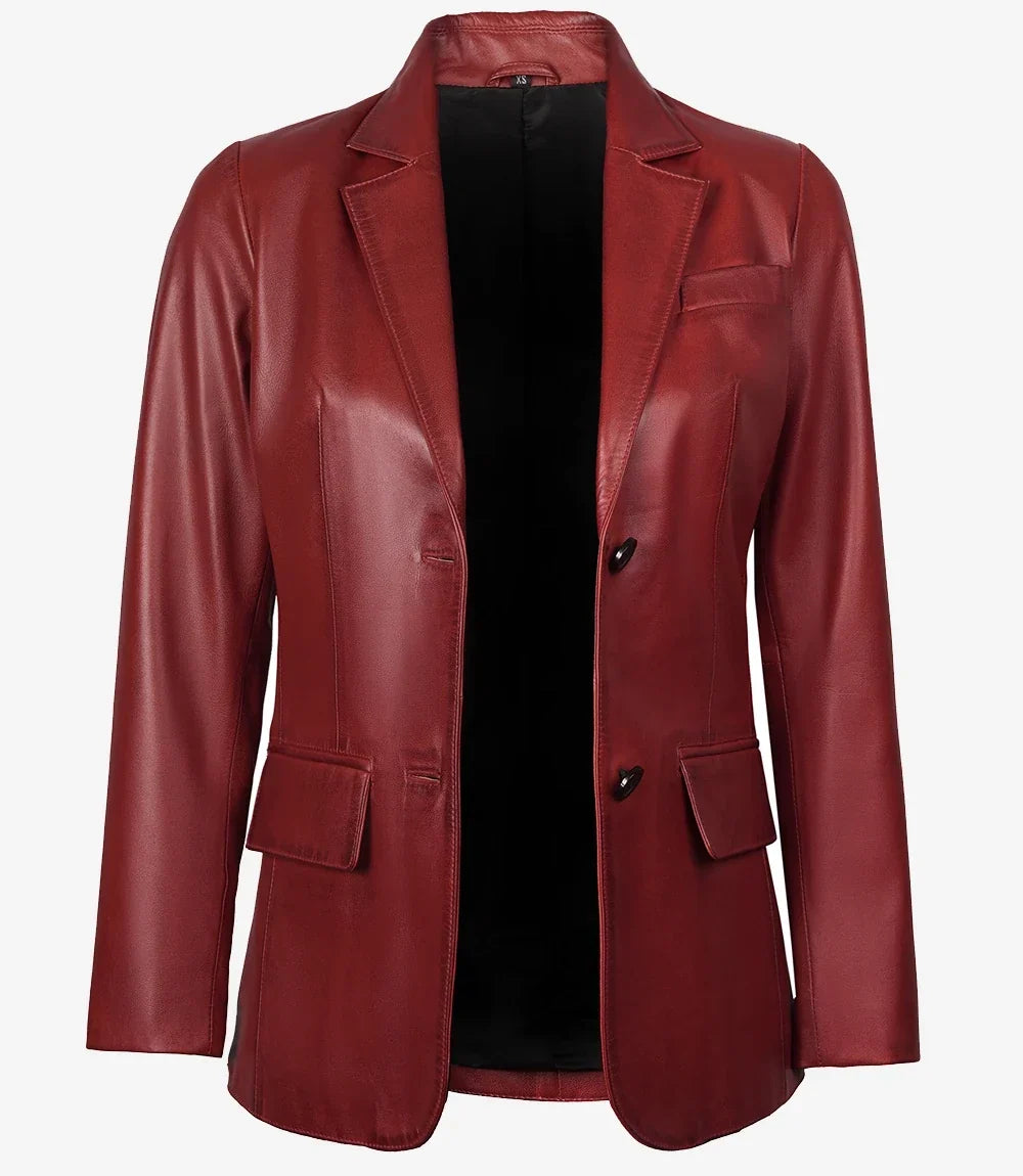 Women's Red Waxed Two-Button Leather Blazer