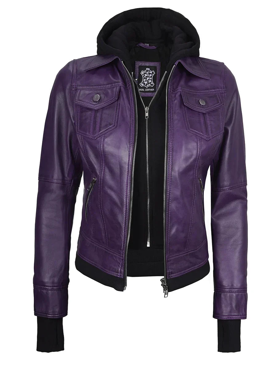 Women's Purple Leather Jacket with Detachable Hood