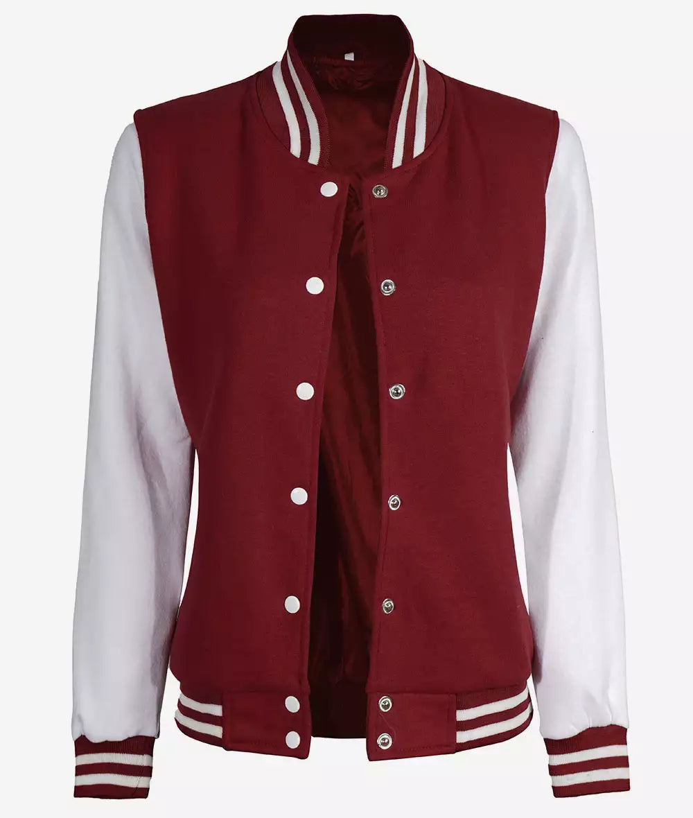 Women's Maroon Varsity Baseball Jacket with White Sleeves