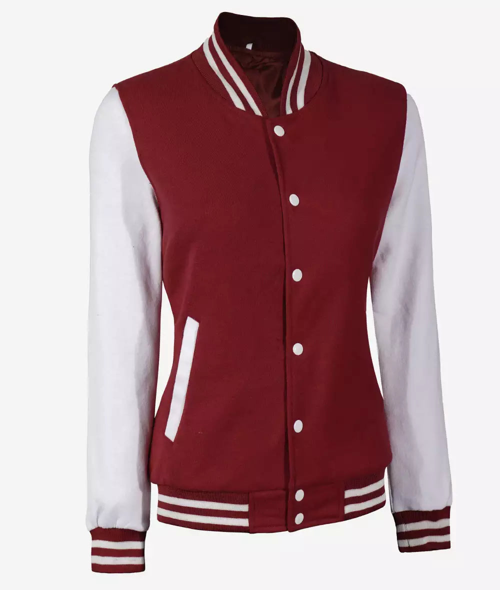 Women's Maroon Varsity Baseball Jacket with White Sleeves