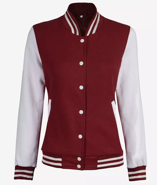 Women's Maroon Varsity Baseball Jacket with White Sleeves