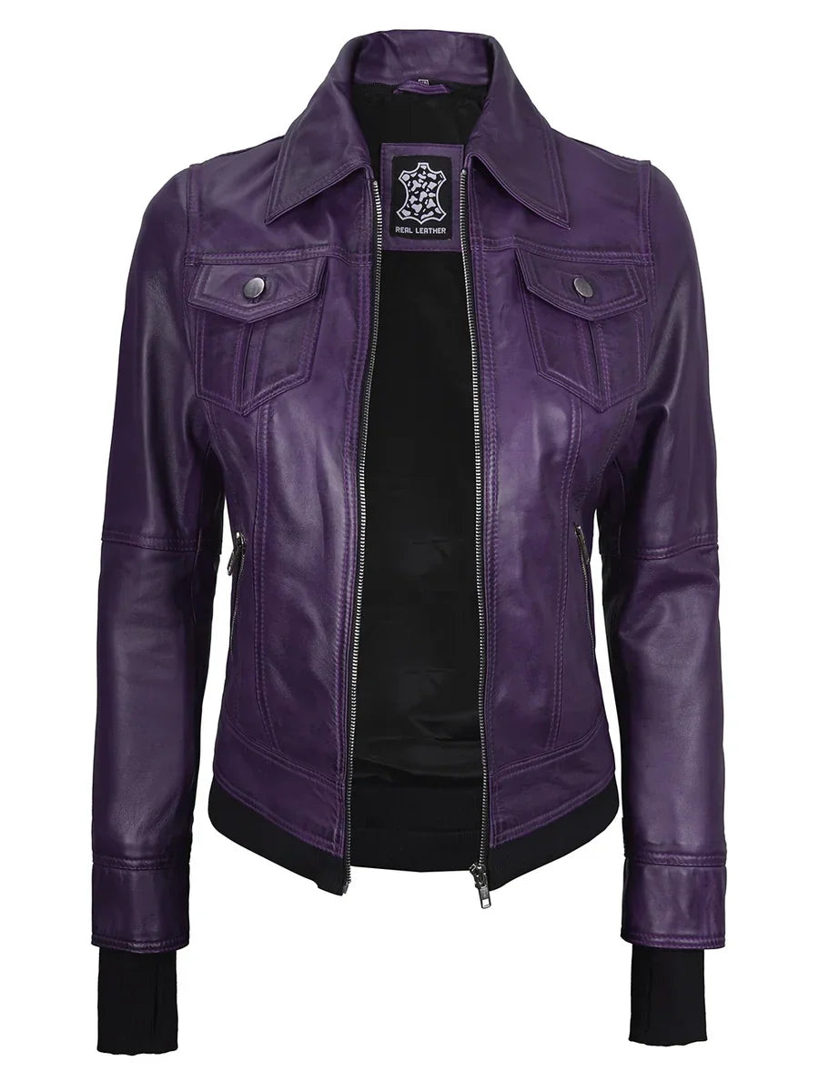 Women's Purple Leather Jacket with Detachable Hood