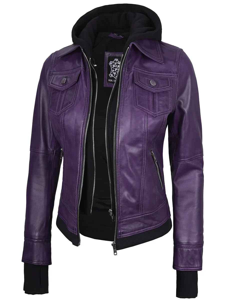 Women's Purple Leather Jacket with Detachable Hood