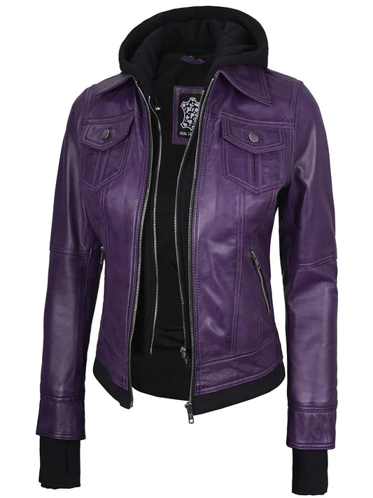 Women's Purple Leather Jacket with Detachable Hood
